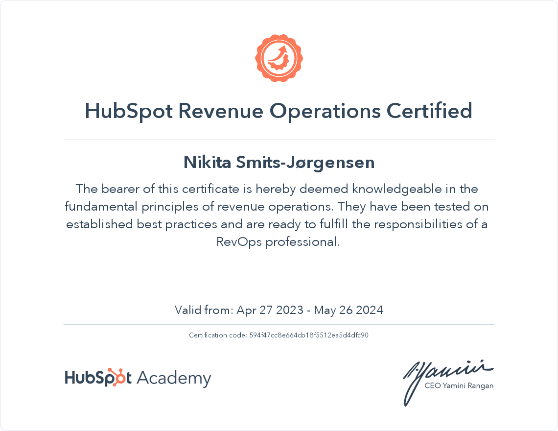 Nikita Smits-Joergensen - Revenue Operations Certified