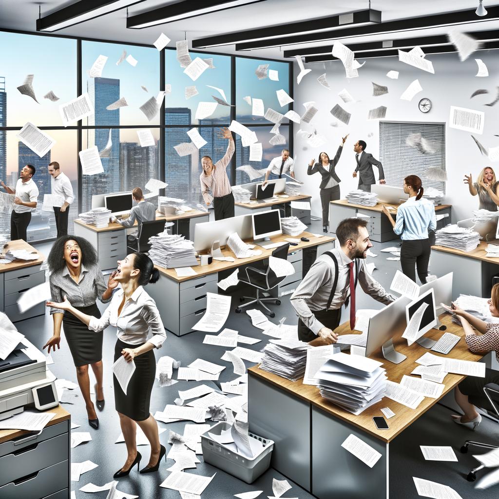 create an image showing document anarchy in a modern open office concept